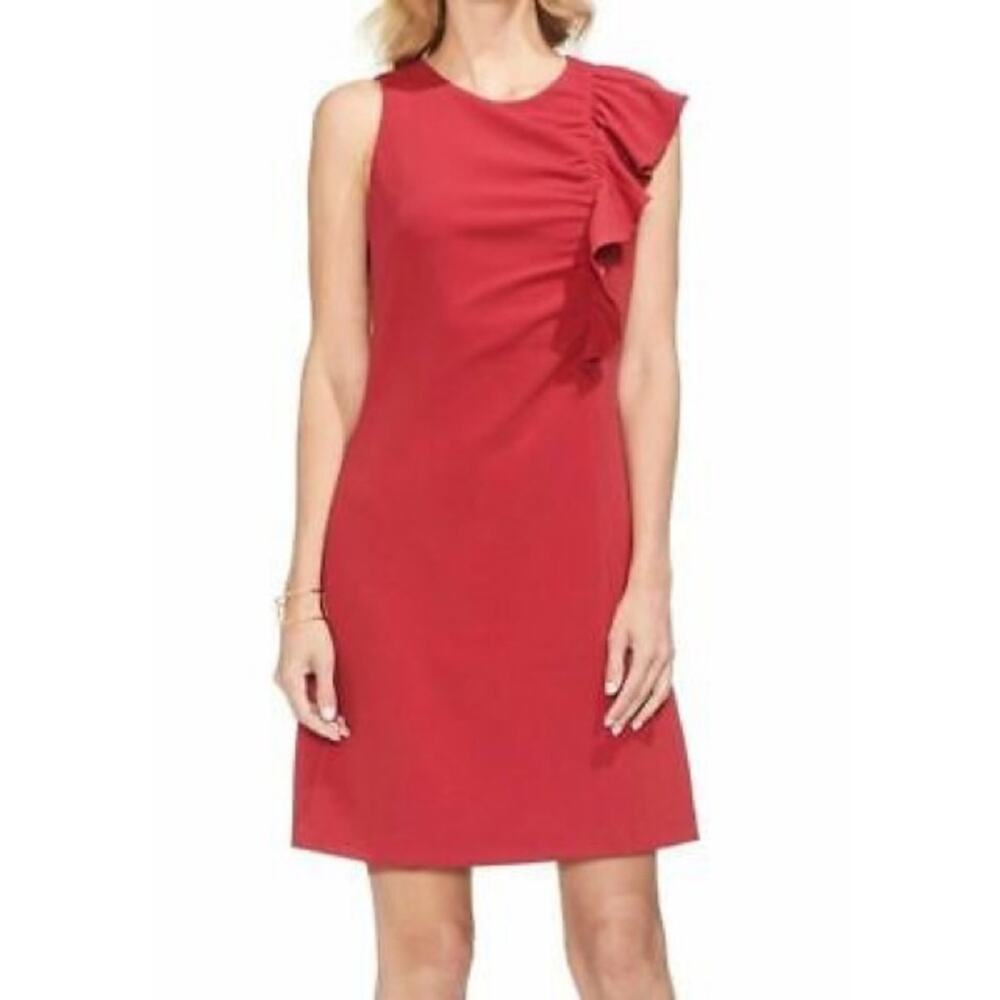 Vince Camuto Women Claret Red Asymmetrical Ruched Ruffle Sheath Dress 6